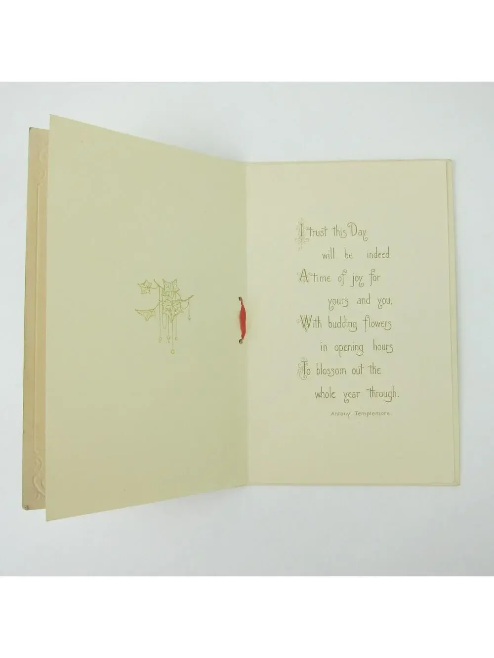 Antique Christmas Card Holly Berries Red Ribbon Templemore Poem Germany 1920s